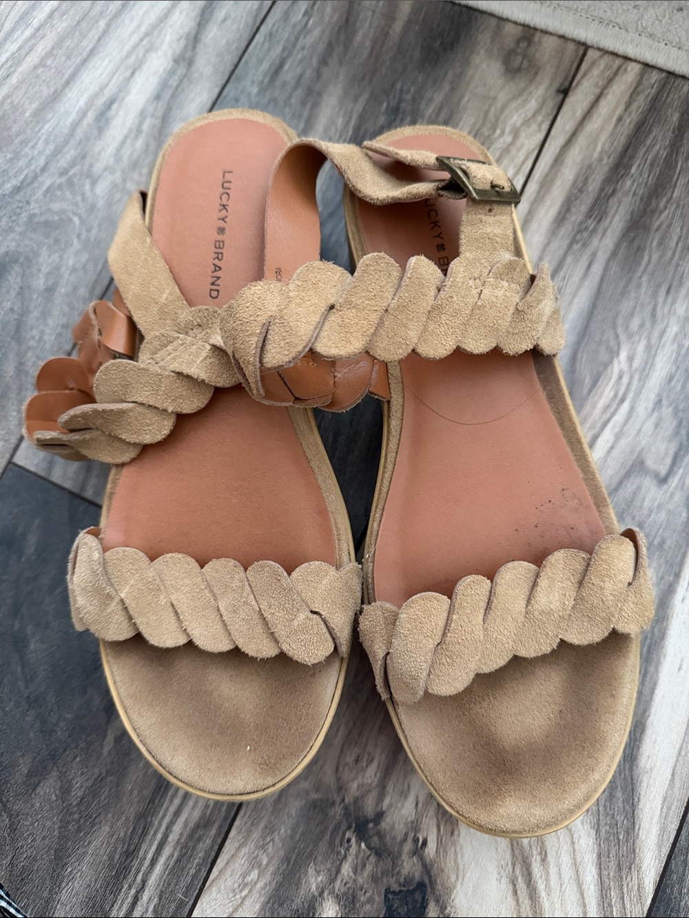 Lucky Brand Braided Tan Suede Slide Sandals